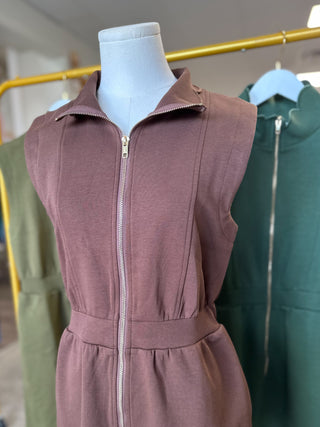 Brown On the Move Scallop Zip Mini Dress