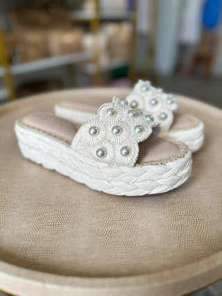 The Candice Ivory Floral Pearl Raffia Platform Sandal