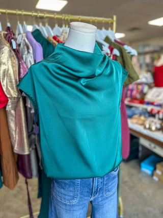 Hunter Green All Dressed Up Satin Cowl Neck Blouse