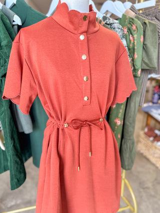 Rust Sutton Scalloped Tie Waist Mini Dress