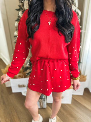 Red Holiday Pearl Charm Long Sleeve TOP