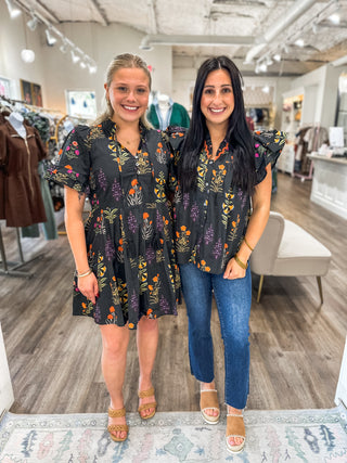 Black Whimsy Blooms Button-Up Top