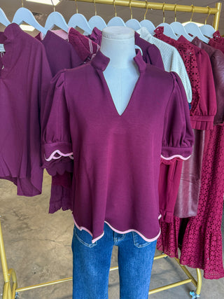 Plum Perfectly Scalloped Contrast Trim Top