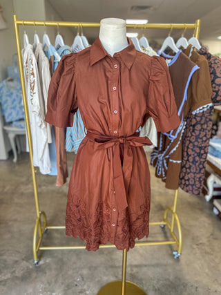 Brown Eleanor Eyelet Trim Belted Mini Dress