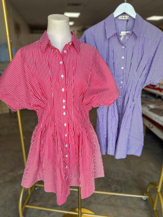 Red Classic Stripes Smocked Pleated Mini Dress