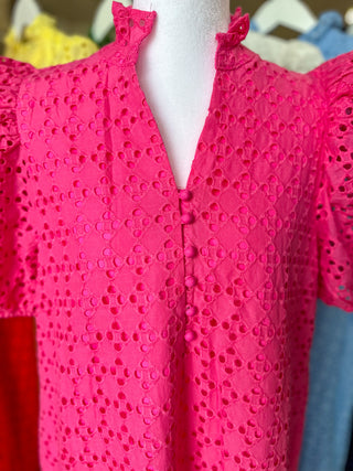 Hot Pink Sweet Eyelet Moments Midi Dress