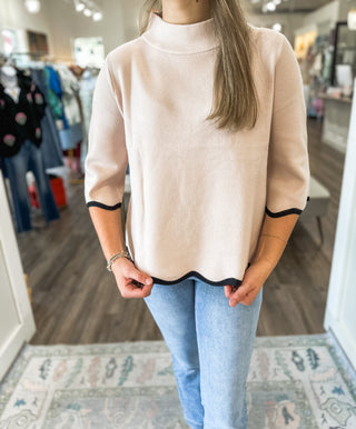 Rosewood Scallop Edge Mock Neck Sweater