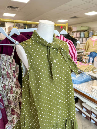 Olive Polished Polka Dots Tie Neck Mini Dress