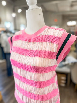 Hues of Pink Striped Sleeveless Top W/ Hunter Green Striped Accent Band