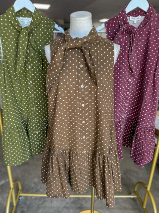 Brown Polished Polka Dots Tie Neck Mini Dress