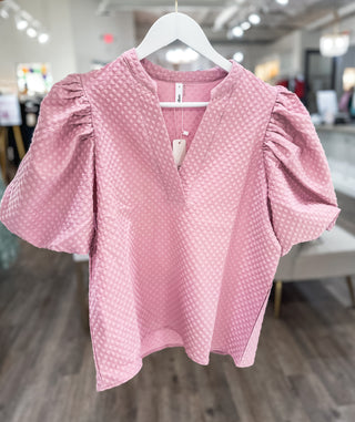 Blush Pink Seaside Bliss Polka Dot Textured Puff Sleeve V Neck Top