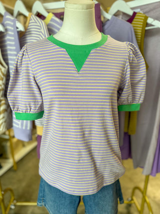 Lavender/Green Contrast Krewe Favorite Puff Sleeve Top