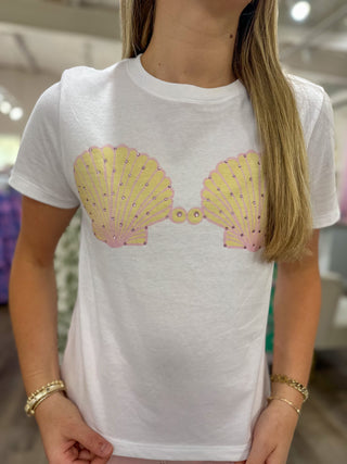 White W/ Pink & Yellow Bedazzled Seashell Bikini Cropped Tee
