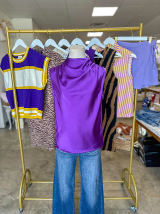 Purple Girls Night Satin Mock Neck Top