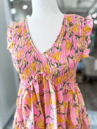 Pink & Citrus Yellow Floral Smocked Bust Mini Dress