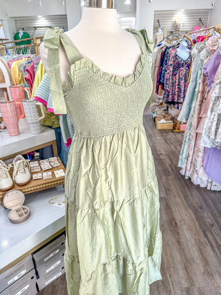 Light Sage Serenade Sweetheart Neck Tie Strap Smocked Tiered Maxi Dress