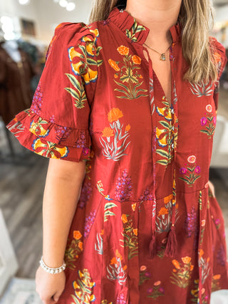 Brick Whimsy Blooms Mini Dress