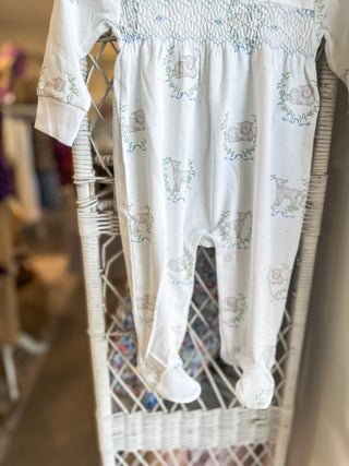 Blue Lamb Print Smocked Footie