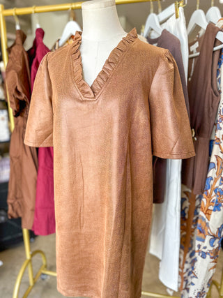 Camel Ruffled & Sweet Faux Leather Mini Dress