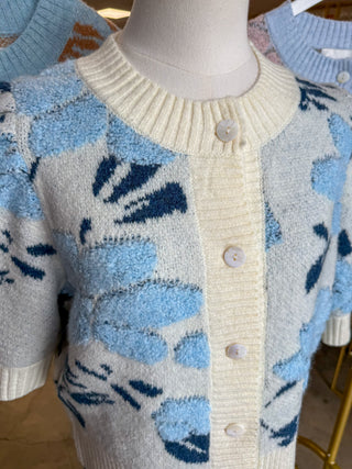 Ivory Blue Petal & Knit Short Sleeve Cardigan