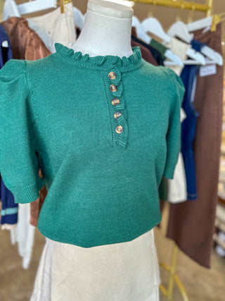 Sea Green Feminine Edge Puff Sleeve Sweater