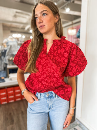 Red Embossed Floral Balloon Sleeve Blouse