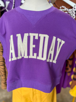 Purple & White Gameday Boxy Cropped Terry Top