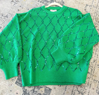 Green Holiday Gem Long Sleeve Sequin Diamond Patterned Sweater