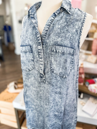 Mary Washed Denim Sleeveless Collared Button-Down Shirt Dress