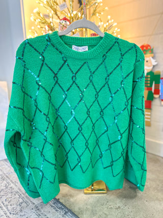 Green Holiday Gem Long Sleeve Sequin Diamond Patterned Sweater