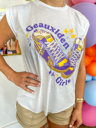 Geauxlden Girls Crop Shoulder Game Time Tee