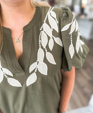 Olive Orchard Embroidered Puff Sleeve Top