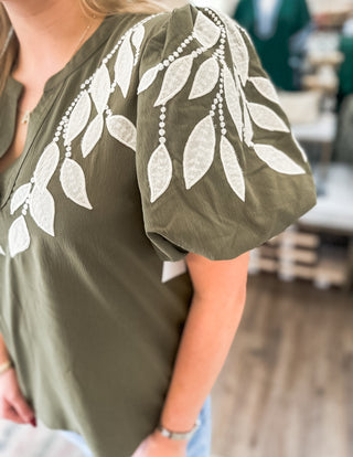 Olive Orchard Embroidered Puff Sleeve Top