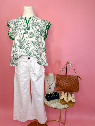 Green Vintage Flair Contrast Stitch Ruffle Sleeveless Top