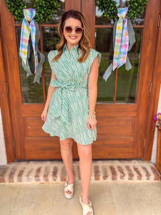 Greenline Stripe Tie-Waist Mini Dress