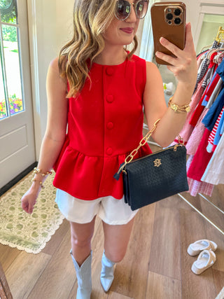 Red Statement Button Peplum Top