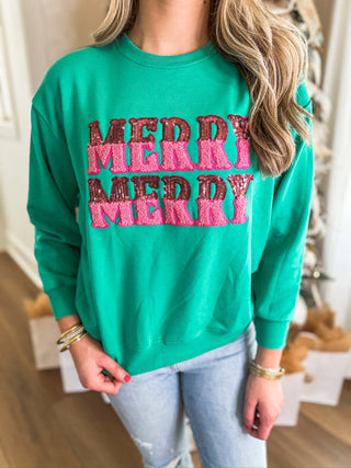 Green Merry Merry Sequin Chenille Patch Super Soft Sweatshirt