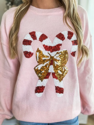 Pink Candy Cane Sweetness Christmas Sequin Sweater
