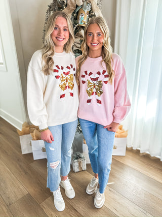 Ivory Candy Cane Sweetness Christmas Sequin Sweater