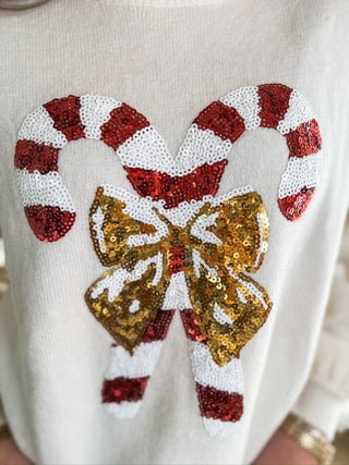 Ivory Candy Cane Sweetness Christmas Sequin Sweater