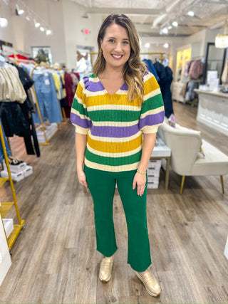 Bourbon Street Striped Puffy Sleeve V-Neck Sweater