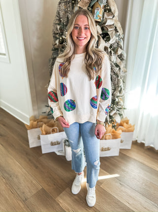 Cream Decked in Sequins Christmas Ornament Oversized Sweatshirt