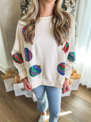 Cream Decked in Sequins Christmas Ornament Oversized Sweatshirt