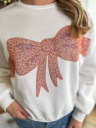 Wrapped & Embellished Rhinestone Red Bow Pull Over