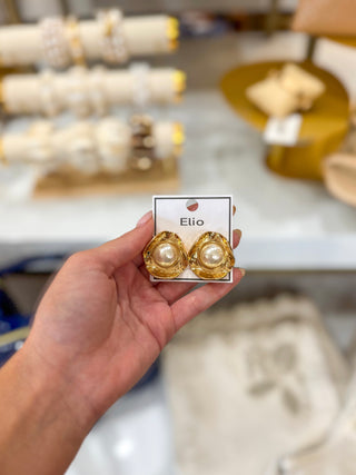 Gold Textured Geometric Circle Pearl Earring
