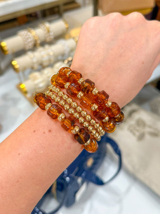 Brown & Gold Chunky Oval Beaded Set of 5 Stretch Bracelets