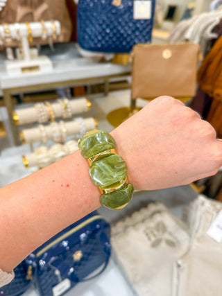 Olive Green Acrylic & Gold Bar Stretch Bracelet