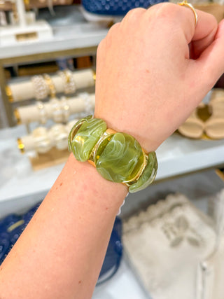 Olive Green Acrylic & Gold Bar Stretch Bracelet