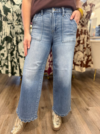 Maggie Medium Wash Scallops Are Your Best Friend Wide Leg Denim