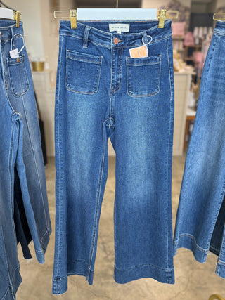 Meredith Dark High Rise Crop Wide Front Patch Pocket Jeans